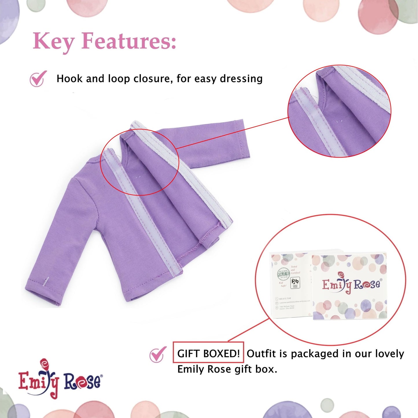 Emily Rose 14 Inch Doll Purple Polka Dot Pajama Set Gift Boxed | USA Brand 3-Piece Sleeping Outfit with Fluffy Puppy Slippers | Encourages Creative