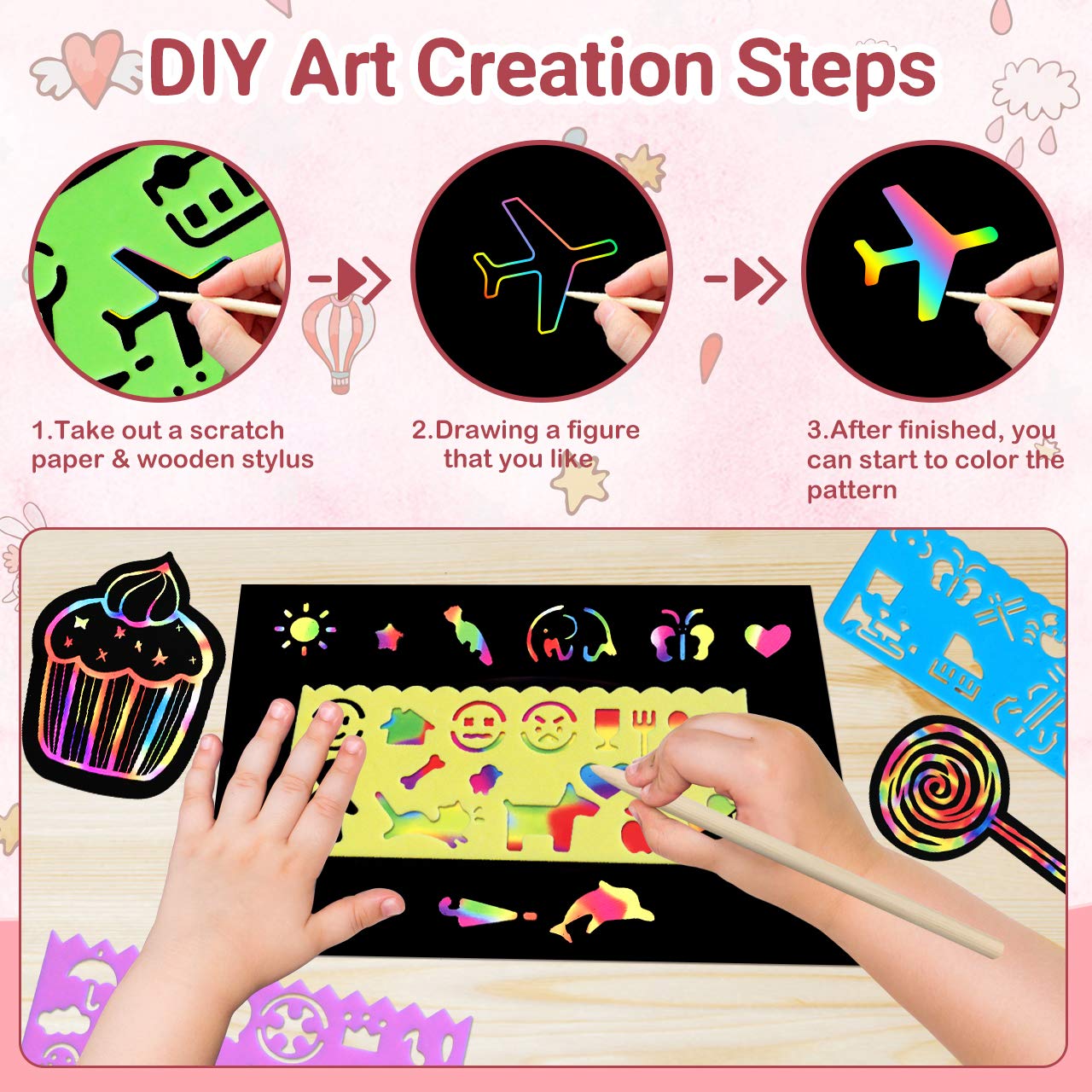 RMJOY Rainbow Scratch Paper Art for Kids: 50PCS Magic Arts Crafts Gifts Toys for Girls Boys Ages 3-12 Games Activities for Birthday Party Family Day