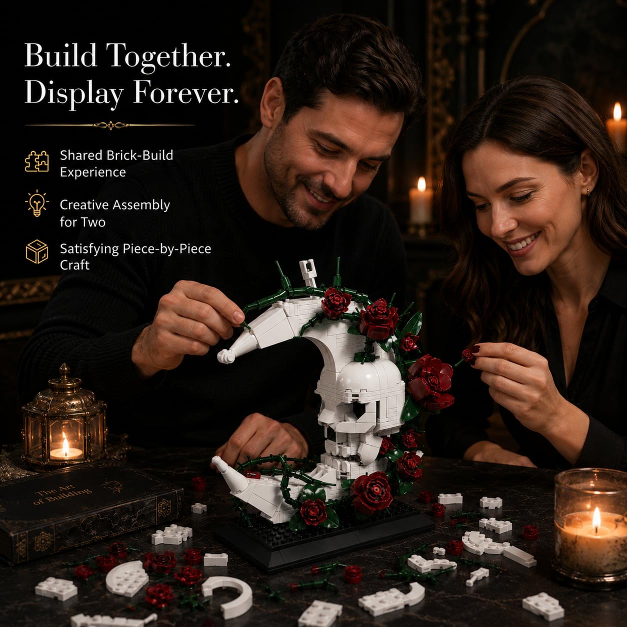 JYLWSMHU Skull Moon Rose Building Block Set Gothic Skeleton Head with Red Flowers Goth Horror Skeleton Pot Home Table Decor for Adults 606PCS