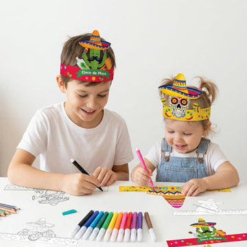 Fennoral 24 Pack Cinco de Mayo Sombrero Headband Craft Kit for Kids Color Your Own Mexico Fiesta Headbands with Markers DIY Arts & Crafts for Party