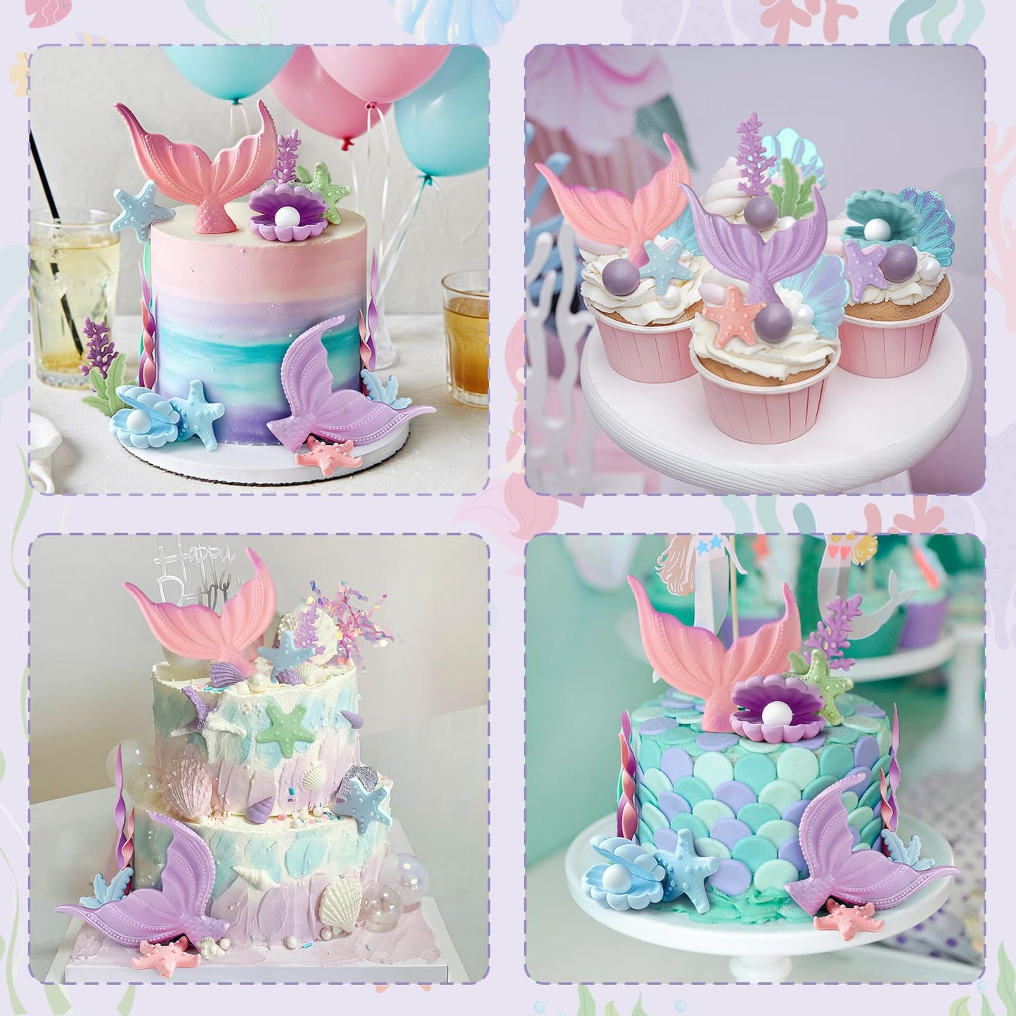 21pcs Mermaid Cake Topper - Mermaid Tail Cake Decorations with Seaweed Shells Starfish Coralal Under the Sea Cake Decorations for Birthday Party