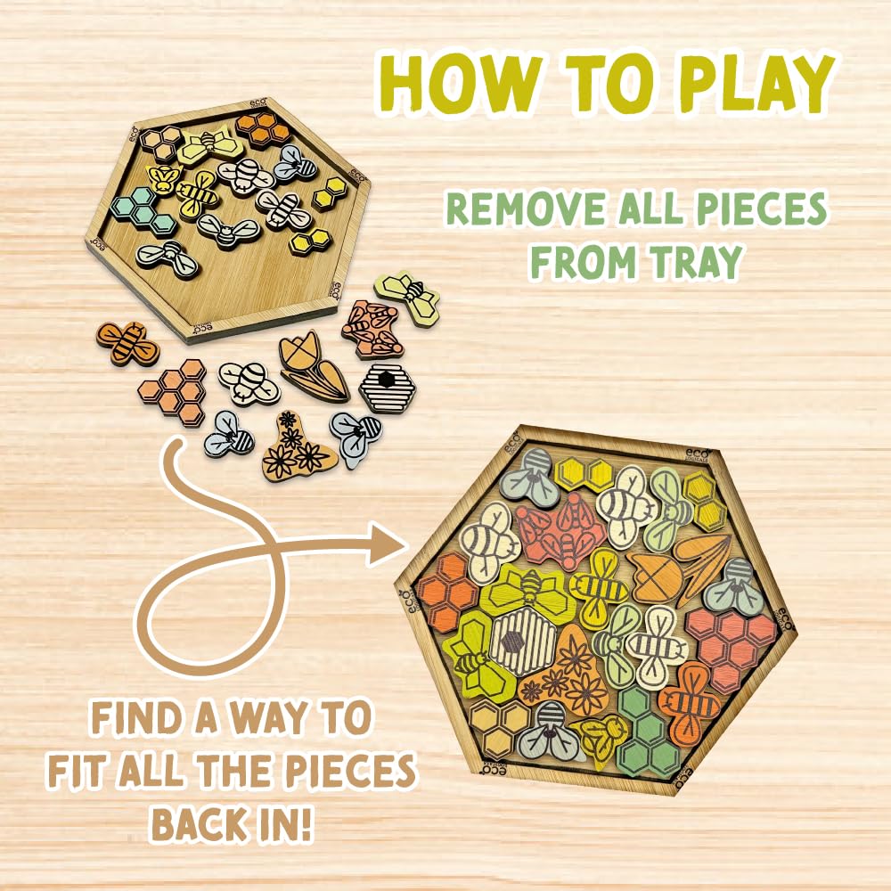 Bumble Jumble Tangram Puzzle, 23-Piece Wooden Brain Teaser, Eco Bamboo Hive Pack It in for Adults & Kids, Logic Desk Game & Quick Thinking Challenge