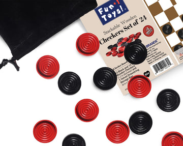 Fun+1 Toys! 26 Red and Black Checkers Pieces Only * 1.125 inch Wooden Checker Pieces for Checkers Board Game with Stackable Ridge in Drawstring