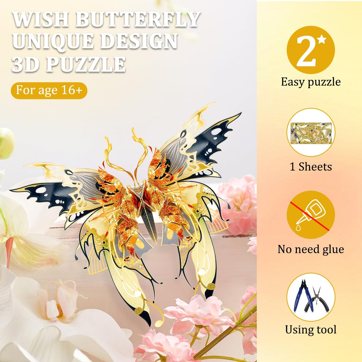 Microworld 3D Metal Puzzle, 6 Styles Wish Butterfly Metal Model Kit, Family Blessing Lucky Symbol Home Decor Collection DIY Metal Earth Brain Teaser