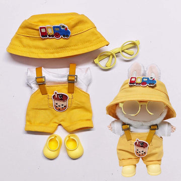 Compatible with Labubu - Casual Outfit Set for Collectible Figures - Yellow Overalls with Bucket Hat, Sunglasses & Boots - Fits Gen 1, 2, 3 (Yellow