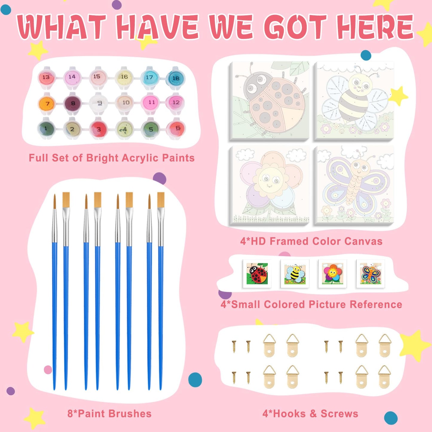 Framed 4 Pack Paint by Numbers Kit for Kids, Cute Cartoon Paint by Number for Kids Ages 4-8 Easy Paint by Number Kits Age 8-12, DIY Acrylic Oil
