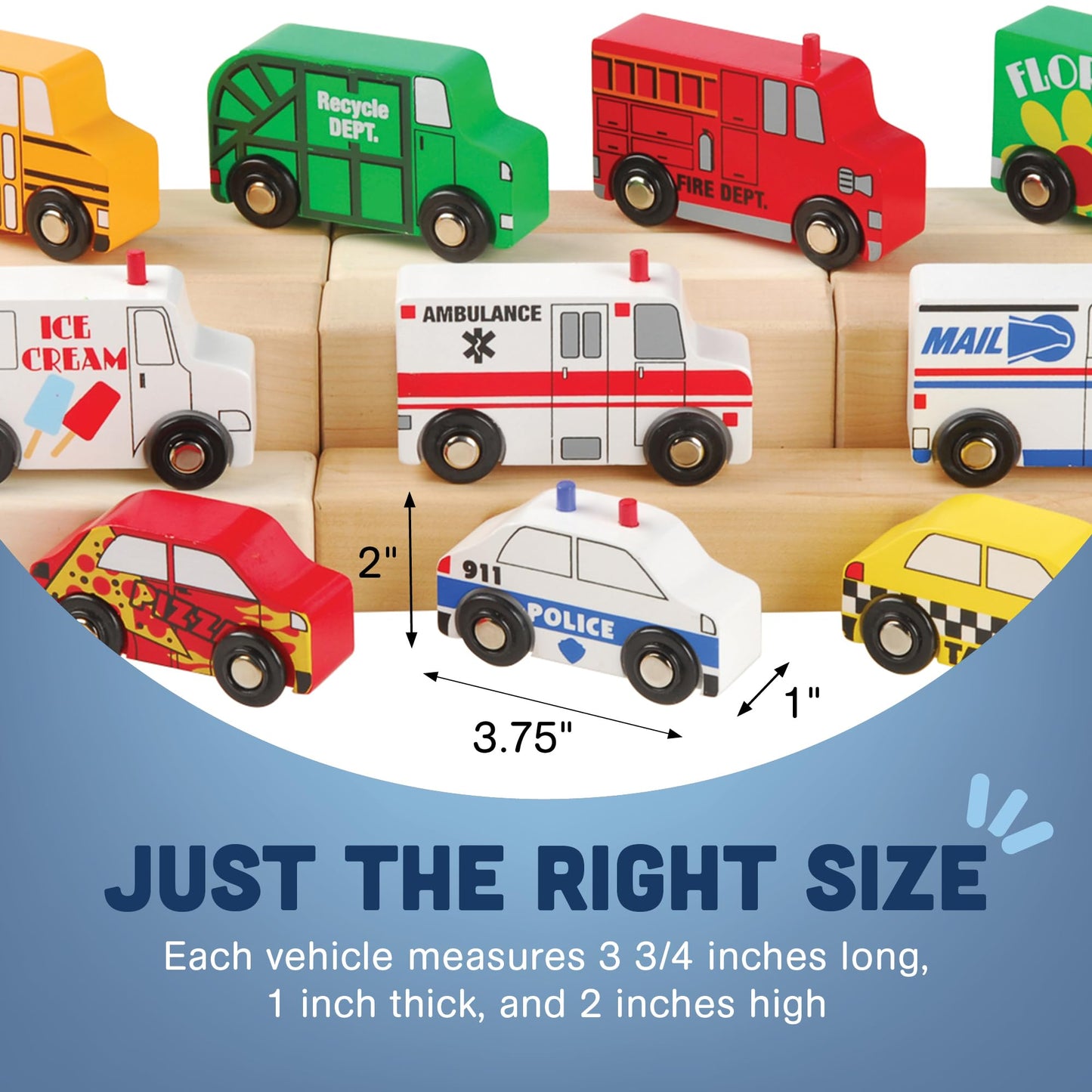 Constructive Playthings Set of 10 Wooden Community Vehicles, Freewheeling Wooden Cars and Trucks, Imaginative Play for Ages 3 Years and Up