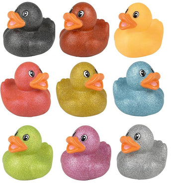 Zugar Land Colorful Glitter Rubber Duckies (2") Assorted Neon Color Squeaky Ducks Ducky Duck (6 Pack)