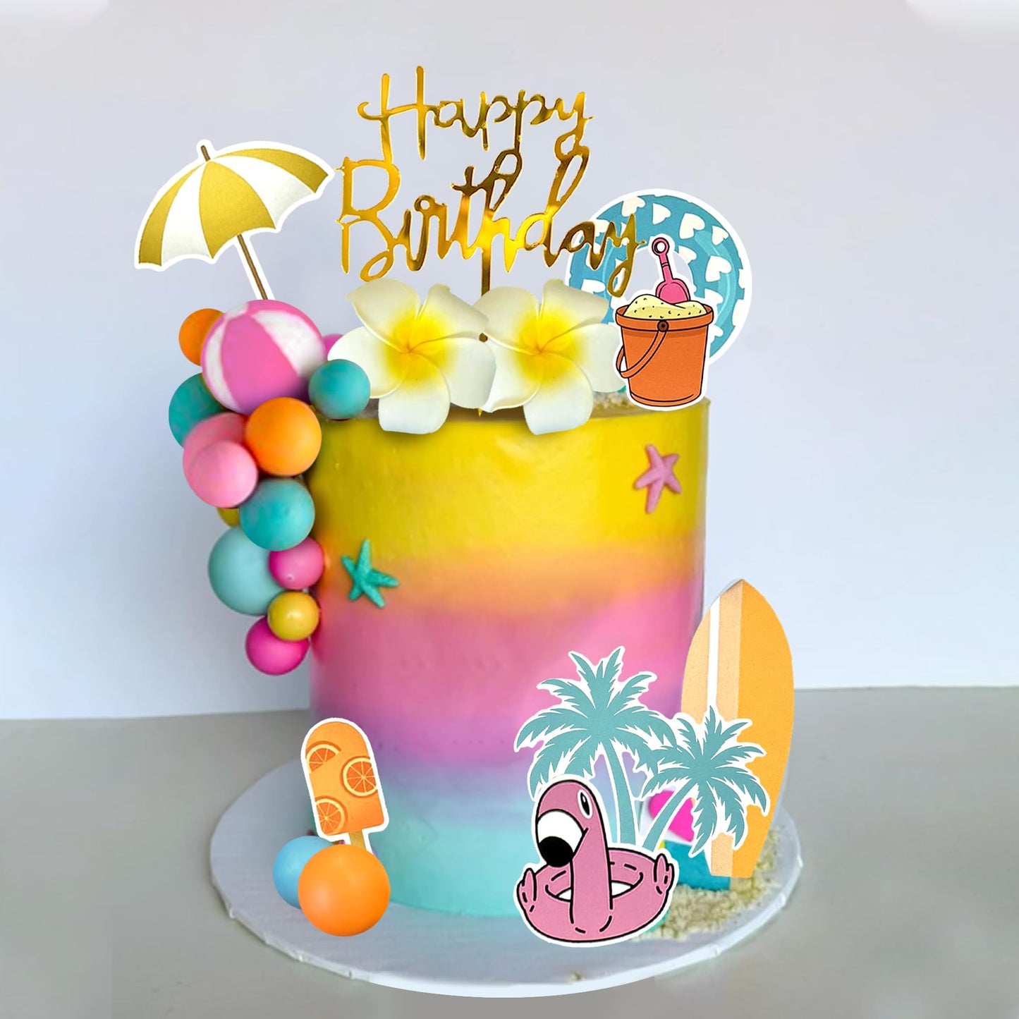 Summer Hawaiian Cake Topper with Swimming Rings Balls Sun Umbrella Beach Cake Decorations for Summer Hawaii Aloha Theme Birthday Supplies