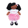 Personalized Planet Rag Doll with Custom Name Embroidered | Black Girl Dressed in White Shirt, Stripped Stockings with Pink Tutu Skirt | Black Hair