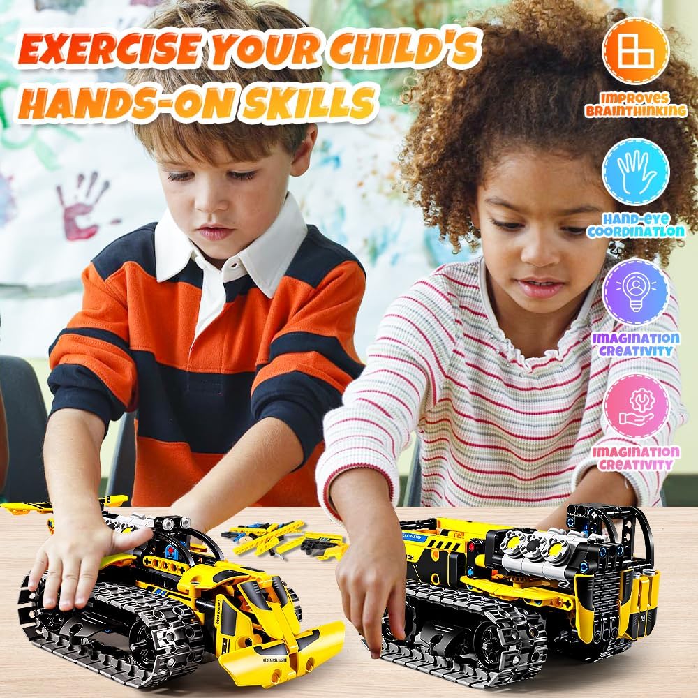 OKKIDY 3 in 1 Kids Remote Bulldozer STEM Technology Building Blocks Set Toys APP Remote Construction Blocks Engineering Excavator/Robot Ages 6-14 DIY
