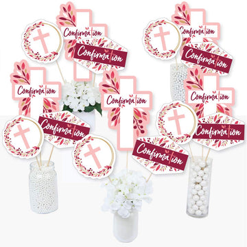 Big Dot of Happiness Confirmation Pink Elegant Cross - Girl Religious Party Centerpiece Sticks - Table Toppers - Set of 15