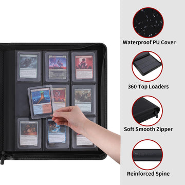 Snekdy Top loader Binder, 9 Pockets Top Loader?Holds 360 Top Loaders cards, Card binder with Sleeves for card in 3 x 4 inches color smooth Zipper PU