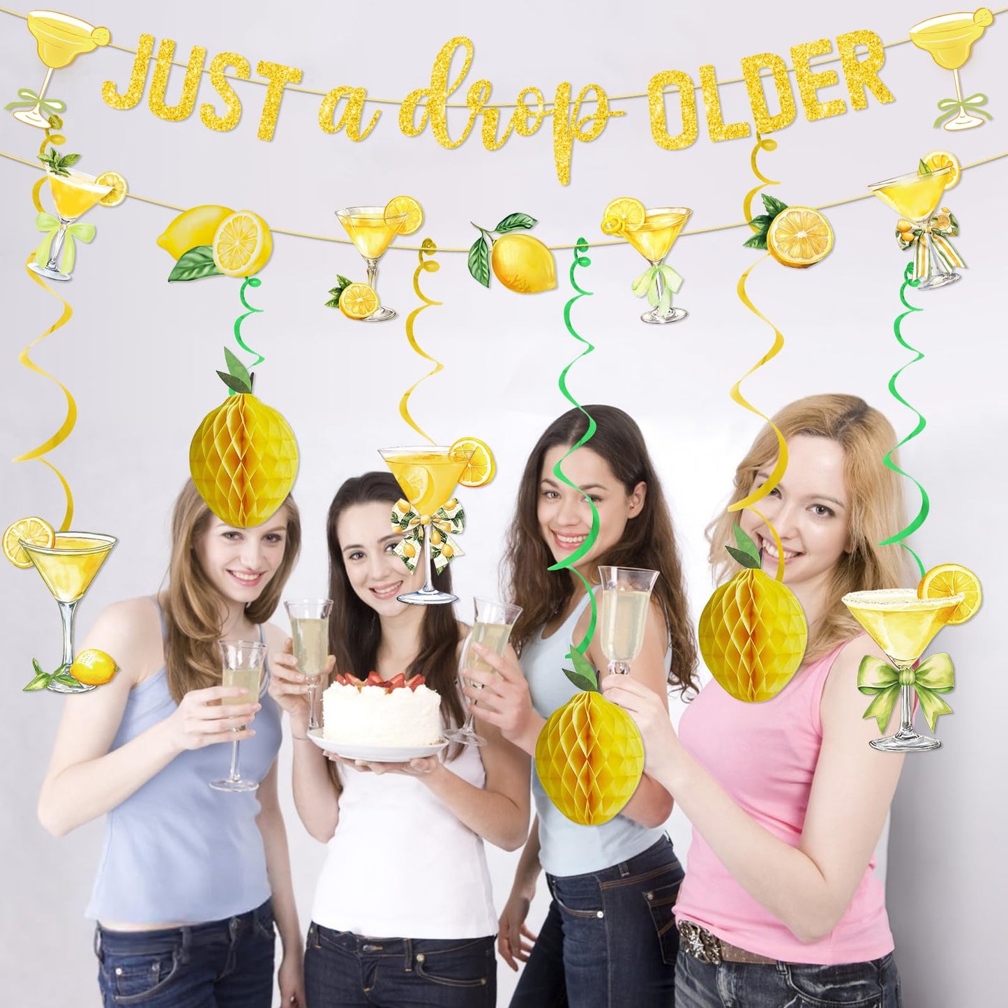Just A Drop Older Gold Glitter Banner with Hanging Swirls Lemon Party Decorations Lemon Themed Party Decor Lemon Birthday Decorations