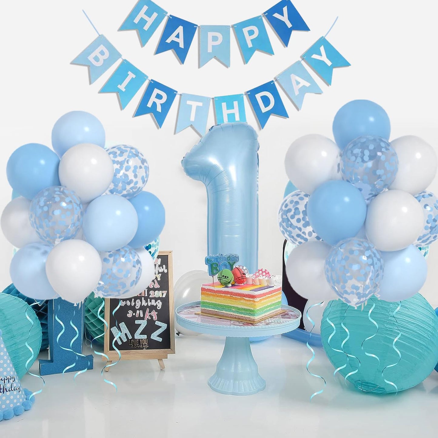 Baby Blue White Balloons And 40inch 1 Balloon, First Birthday Decorations For boy With blue White Confetti Balloons, Happy Birthday Banner Large 1