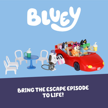 Bluey Escape Convertible Toy Car, 4 Figures & 9 Accessories