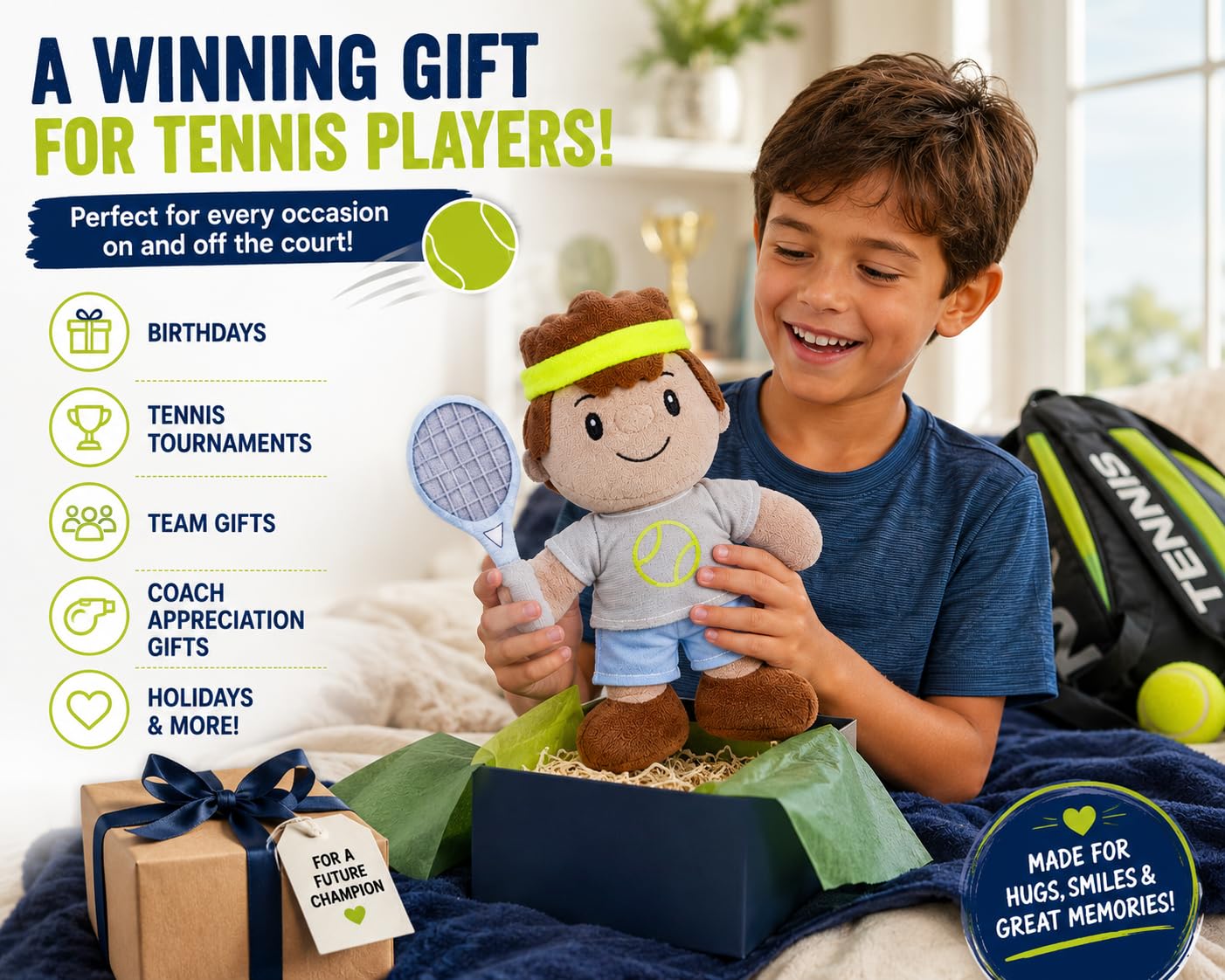 Olivia Martini Tennis Plush Toy for Kids - 10 Inch Sports Player Stuffed Animal, for Boys, Girls & Tennis Lovers, Soft Plush Doll for Bedroom Decor