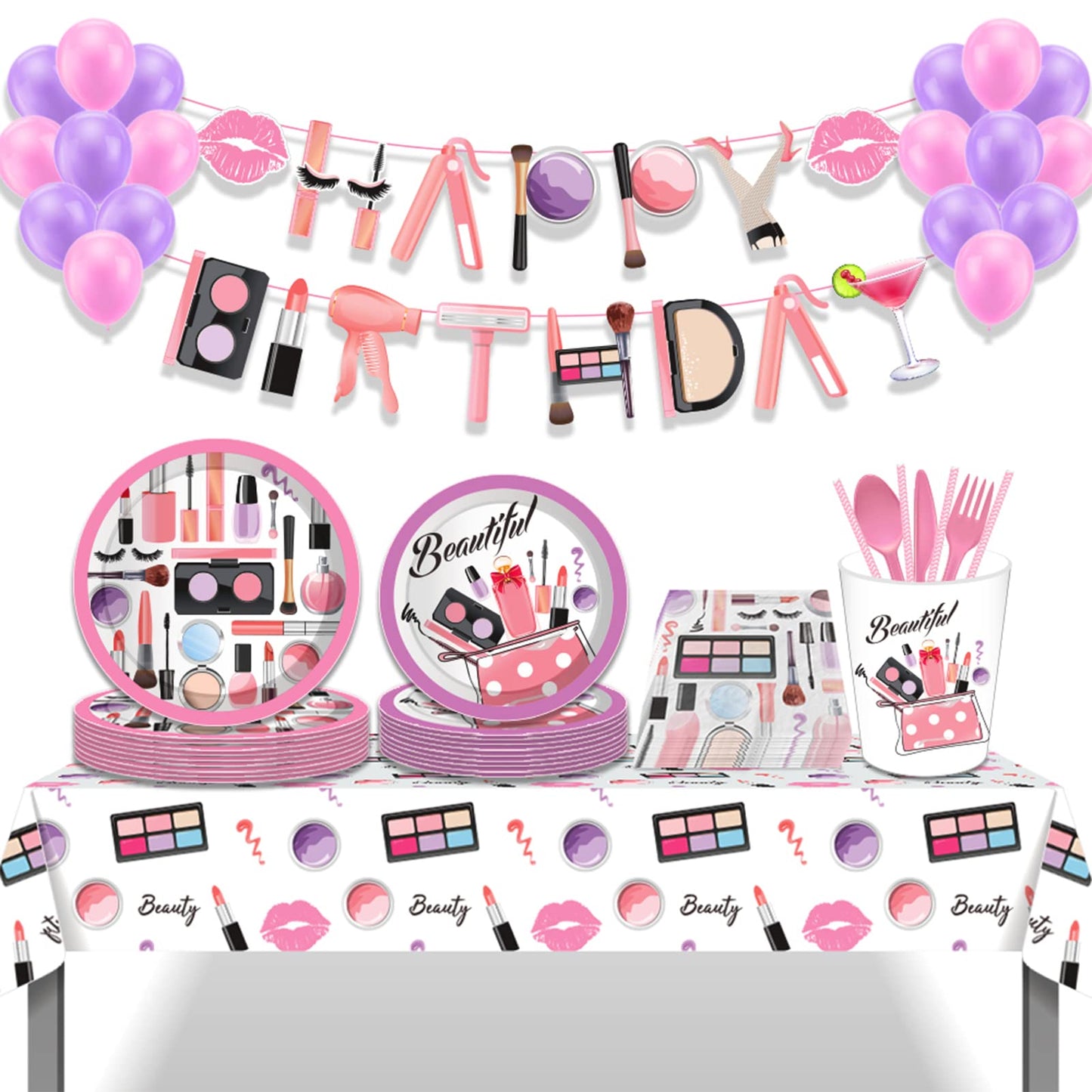 MIKIMIQI 1 Pack SPA Makeup Party Decorations Spa Table Decorations Pink Cosmetic Themed Table Cover Birthday Party Table Runner Makeup Tablecloth