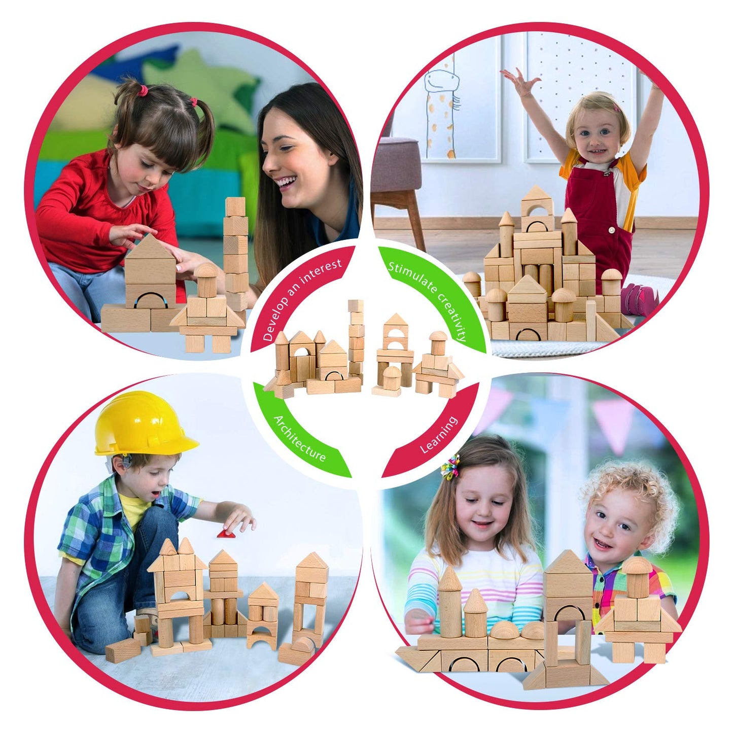 Migargle Kids Wooden Blocks - 80 Pcs - Stacking Building Blocks for Toddlers - Natural Beech Wood Blocks - Preschool Learning Toys for Kids Ages 3+