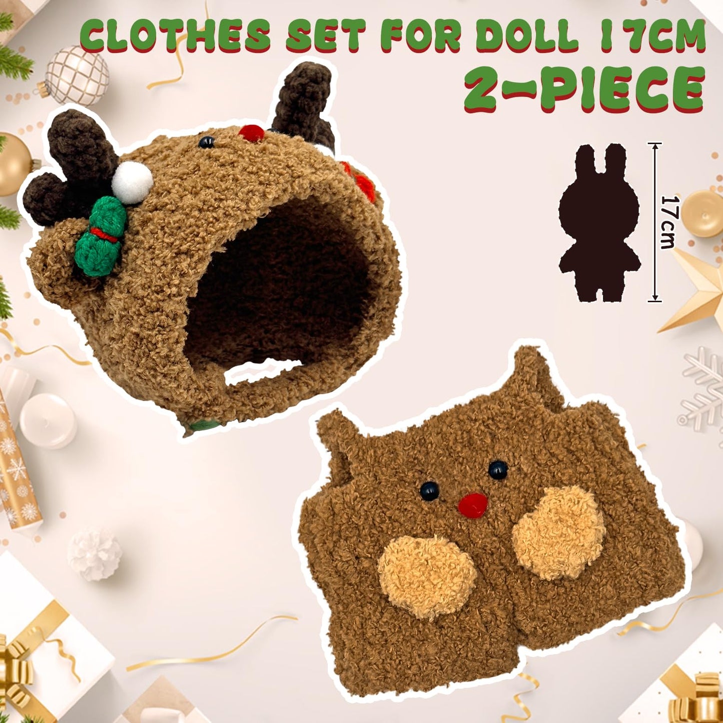Lukxi 17cm Doll Christmas Clothes, 2-Piece Reindeer Outfit for Lububu(No Doll), Small Kawaii Clothes Set for 6.7" Dolls, Gift for Women(Brown)