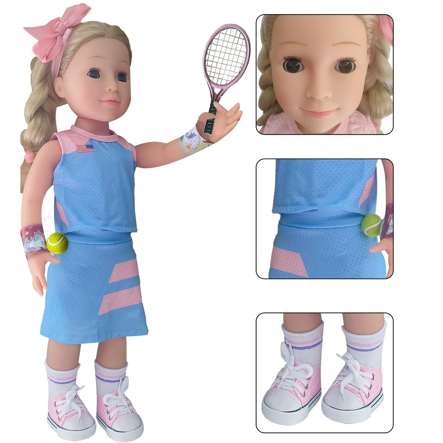 Wenzhuo 18inch Doll Clothes and accessories-18 Dolls Tennis Sports Outfits-Tops, Short Skirt, Headbands, Hair Band?Doll Socks, Dolls Shoes, Rackets