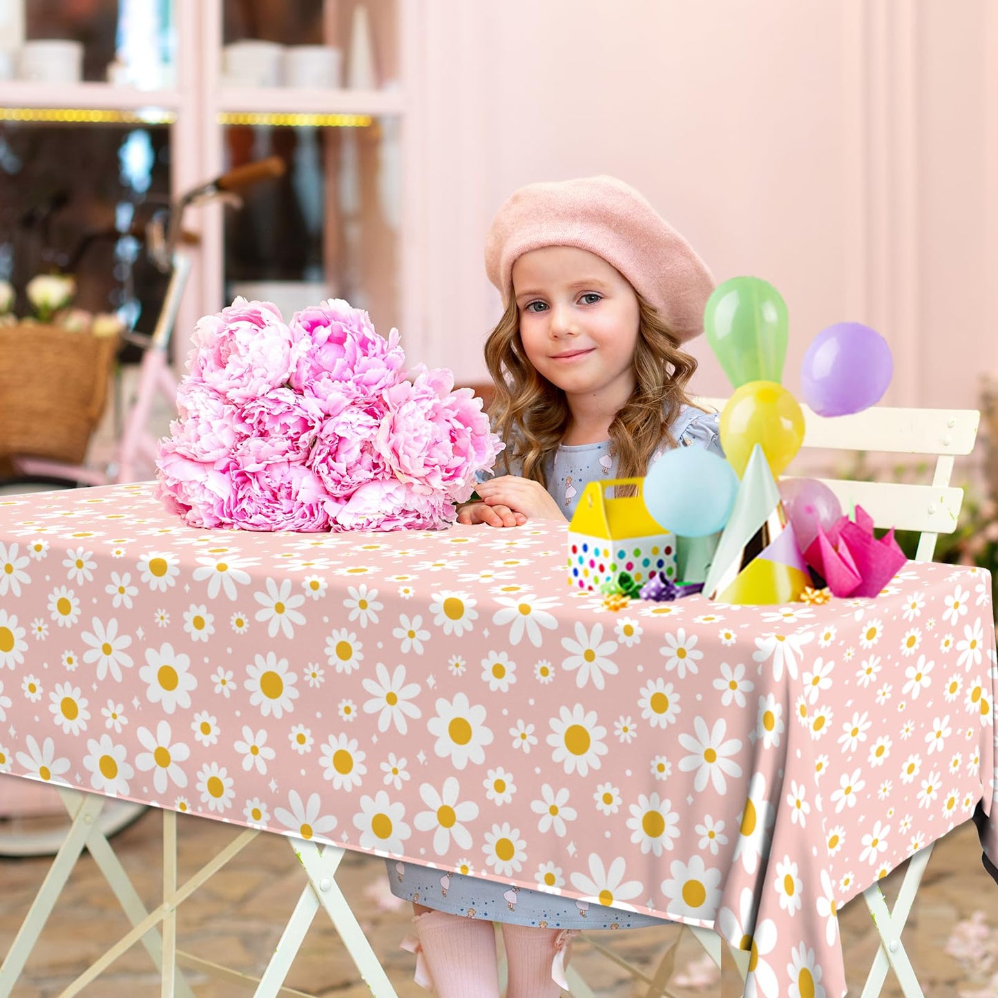 Bezkega 3Pack Tablecloth, Groovy Daisy Table Cover Pink Flower Birthday Party Decoration, Plastic Retro Hippie Boho Daisy Party Table Cloths for Girl