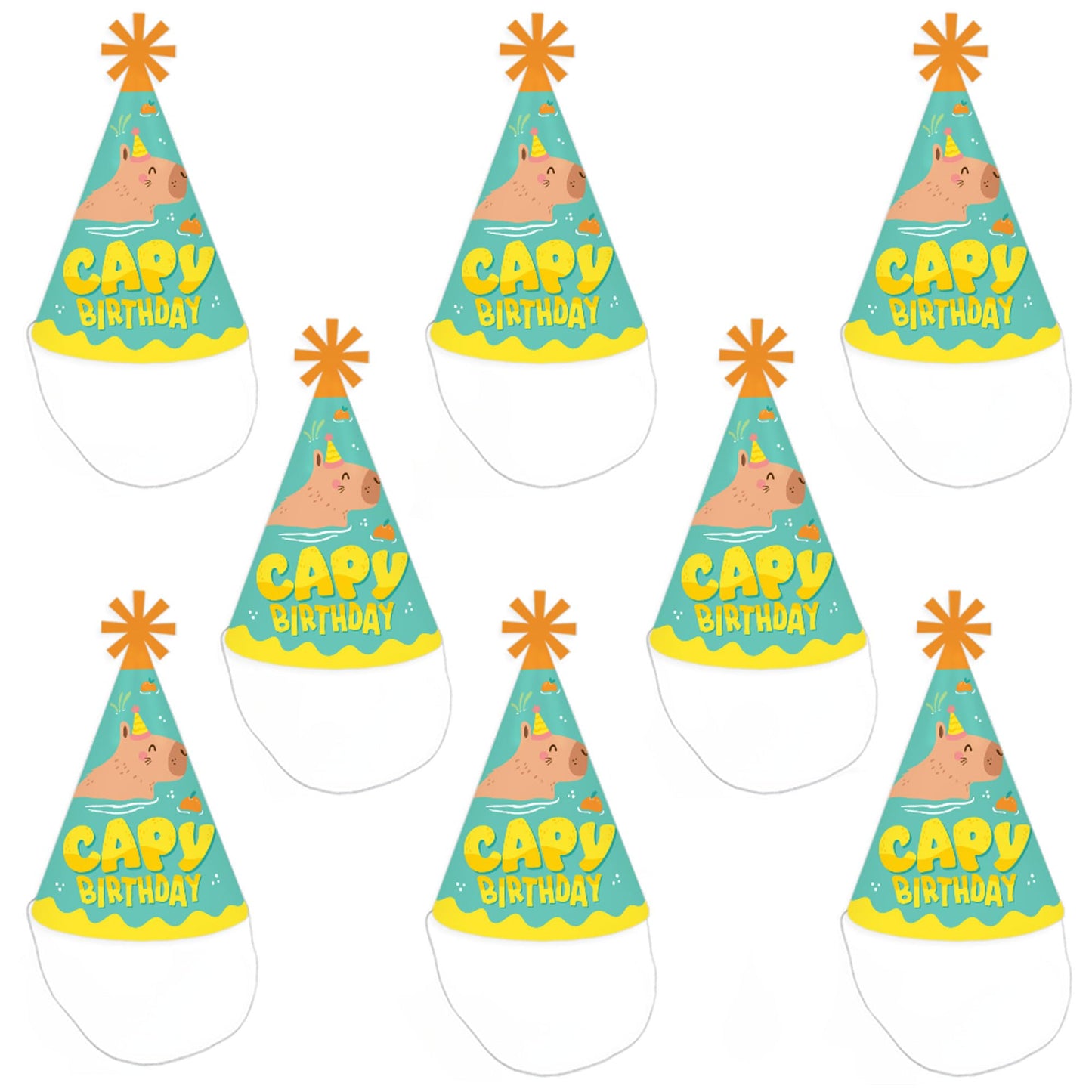 Big Dot of Happiness Capy Birthday - Cone Happy Birthday Party Hats for Kids and Adults - Set of 8 (Standard Size)