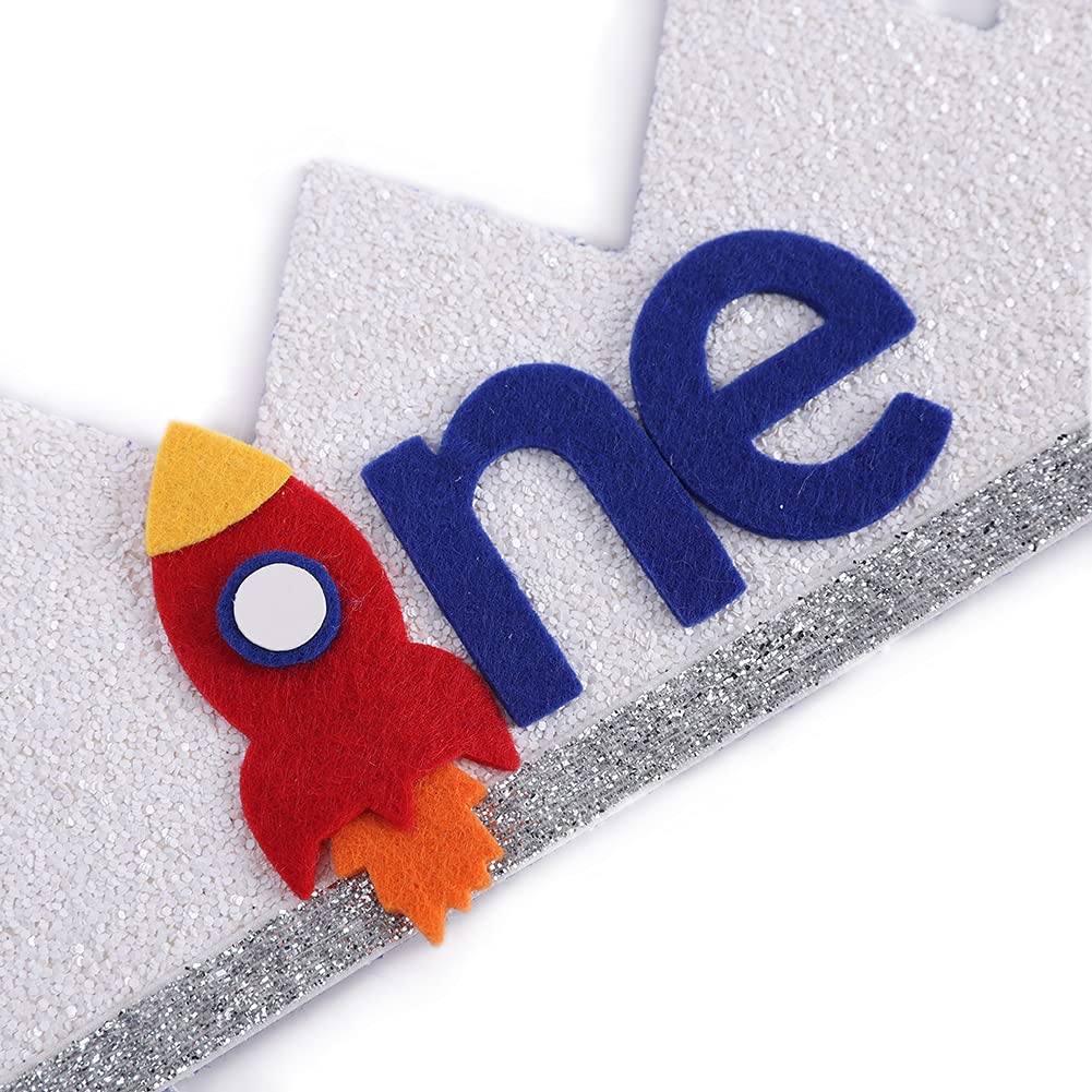 Boy Rocket's Cosmic Birthday Crown - Space Theme High Chair Banner, 3 2 1 Lift-Off, Circle The Sun, Rocket Ship Style