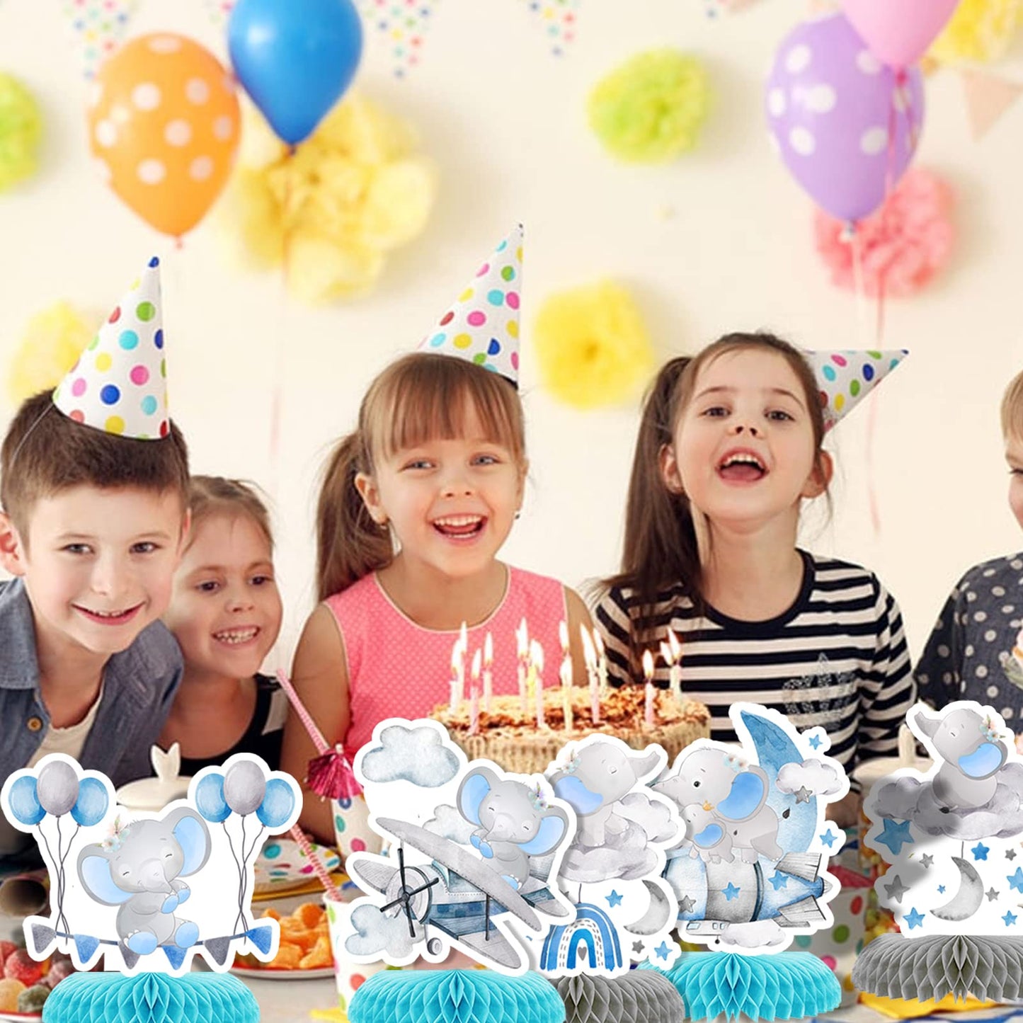 9 Pcs Elephant Baby Shower Honeycomb Centerpieces Party Decor for Boys,Cute Blue Elephant Honeycomb Balloons Star Moon Topper 3D Table Decoration