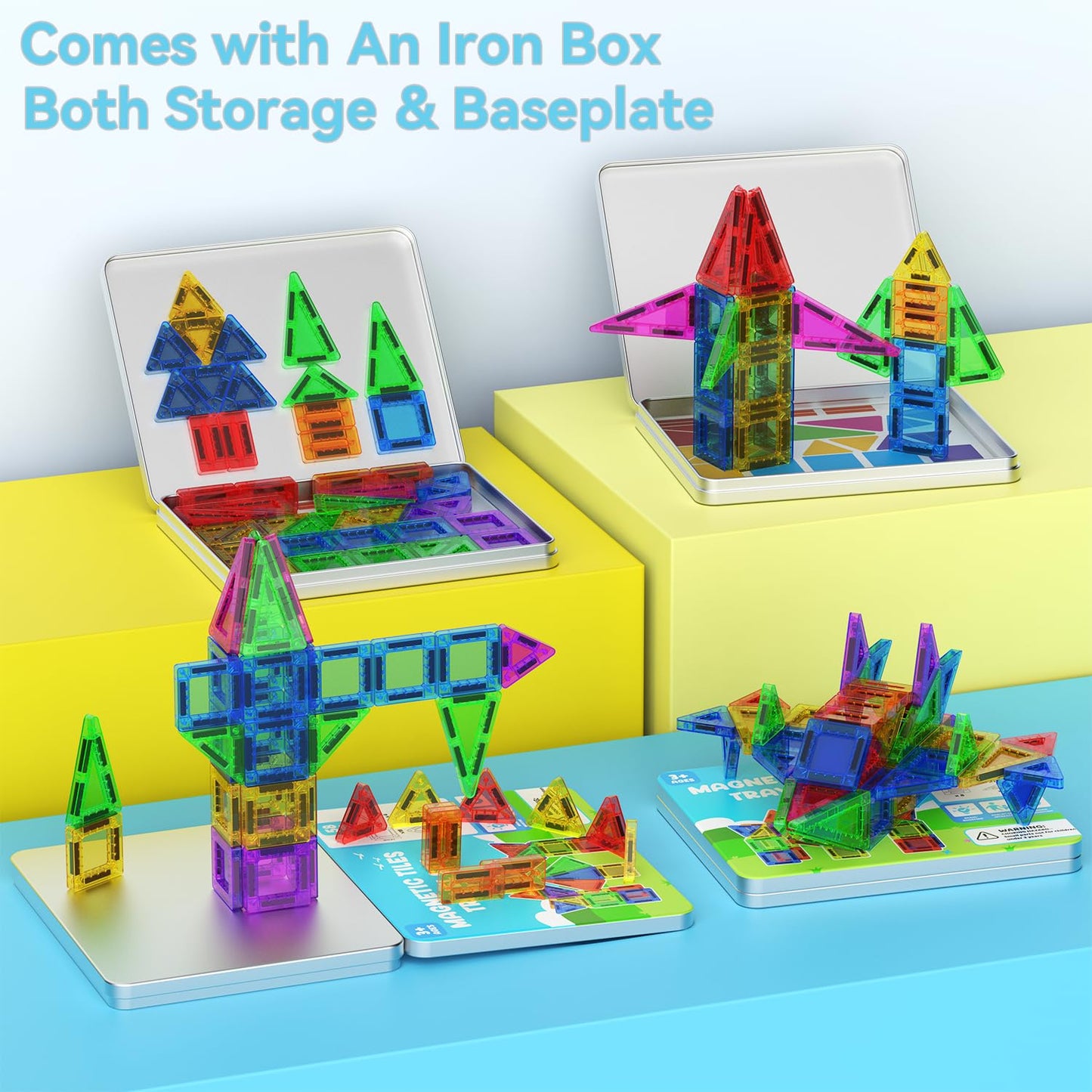 GleamJoy Mini Magnetic Tiles, 58PCS Travel Magnetic Tiles with Iron Box, STEM Educational Construction Toys for Kids Ages 3+, Portable Building Toys
