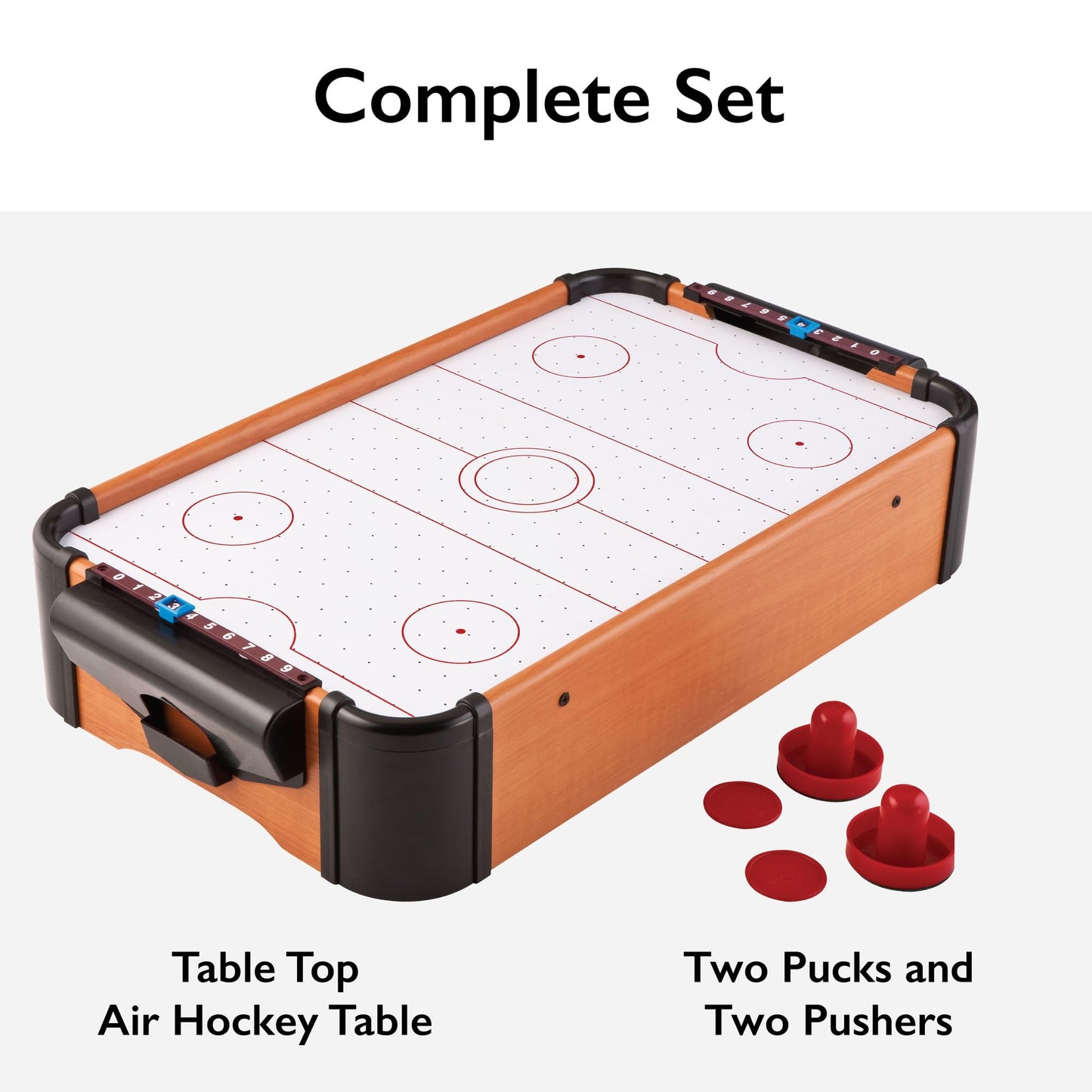 Mainstreet Classics 22 Inch Tabletop Air Hockey Game for Kids and Family, Mini Air Hockey Table with Battery Powered Motor, Includes 2 Pucks and 2