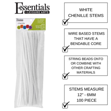 Essentials By Leisure Arts Chenille Stems White, 12 Inch 6mm, Bendable Craft Pipe Cleaners for DIY Projects, Dolls, Ornaments, Jewelry,