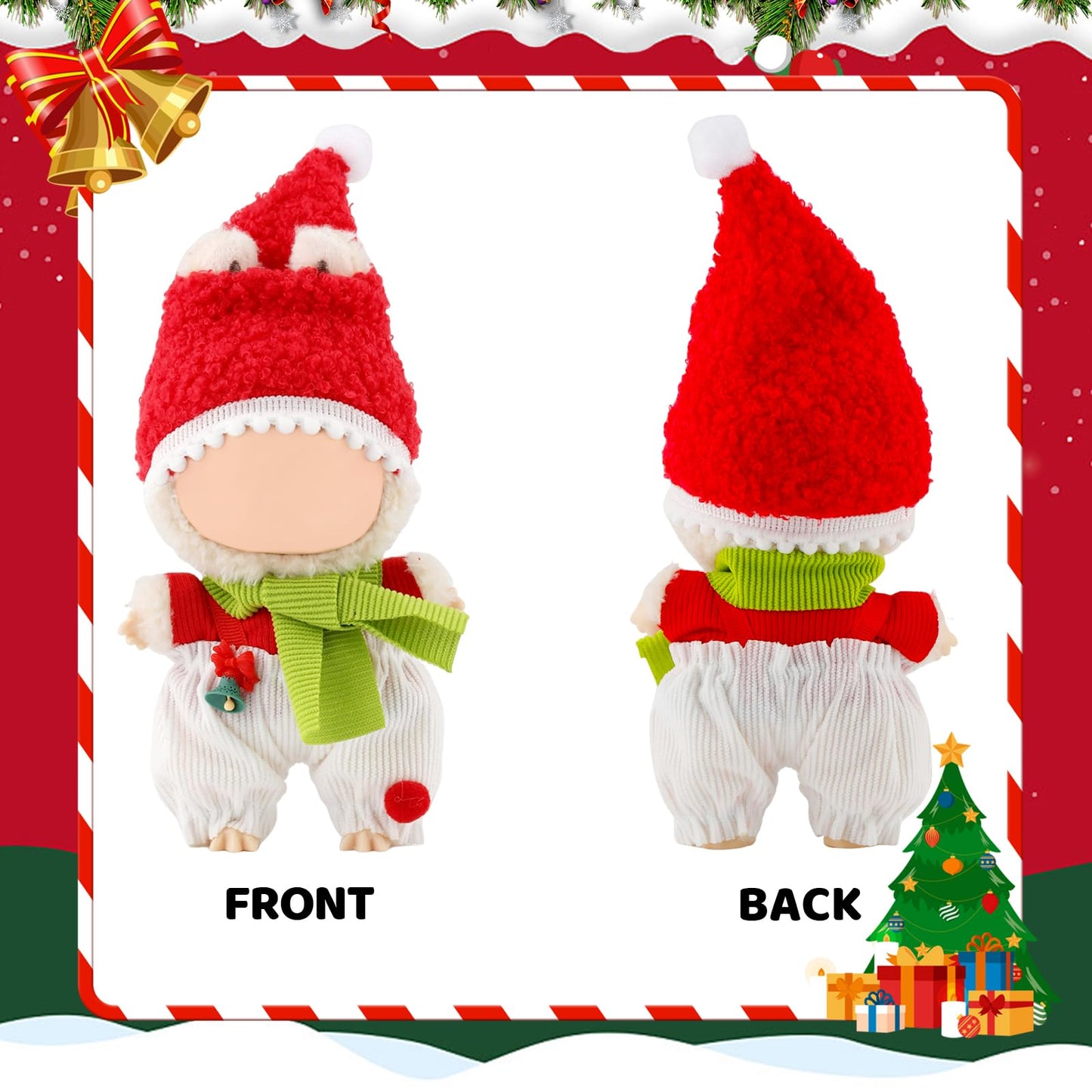 4 Pcs Lububu Christmas Clothes Compatible with 17cm Doll Clothes, Christmas Elf Accessories Sets Include Hat, Scarf, Top & Pants Costume for Dolls