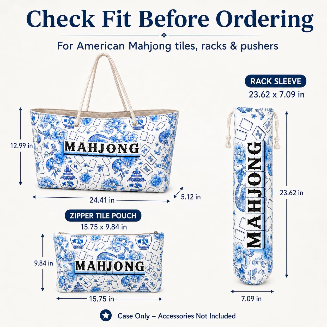 VEylixion 3 Pcs Empty American Mahjong Bags for Tiles and Racks and Mat, Blue Floral Mahjong Carrying Tote with Zipper Tile Pouch and Rack Sleeve