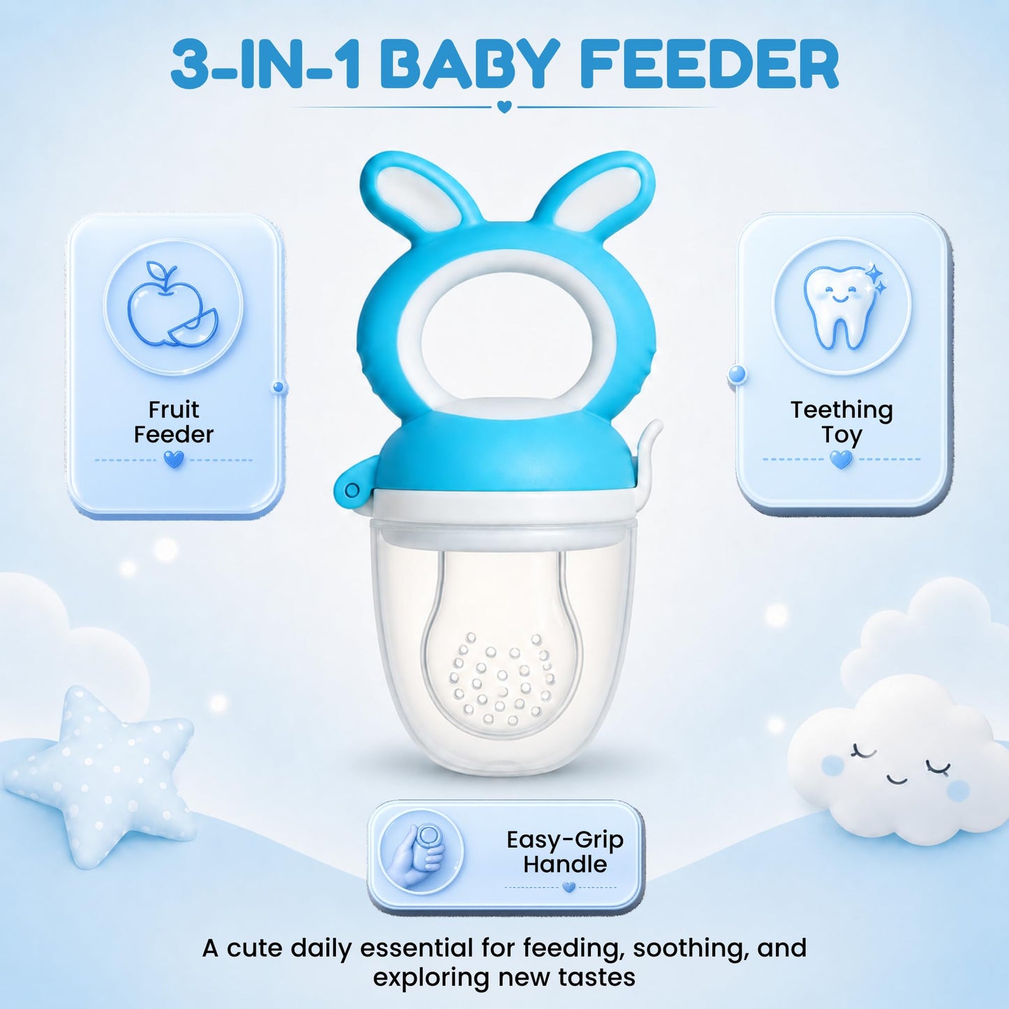 BunnyLuxe Silicone Baby Fruit Feeder for 4 to 10 Months Plus Baby Food Feeder Pacifier for Safe Self Feeding Teething Relief Fresh Food and Baby Led