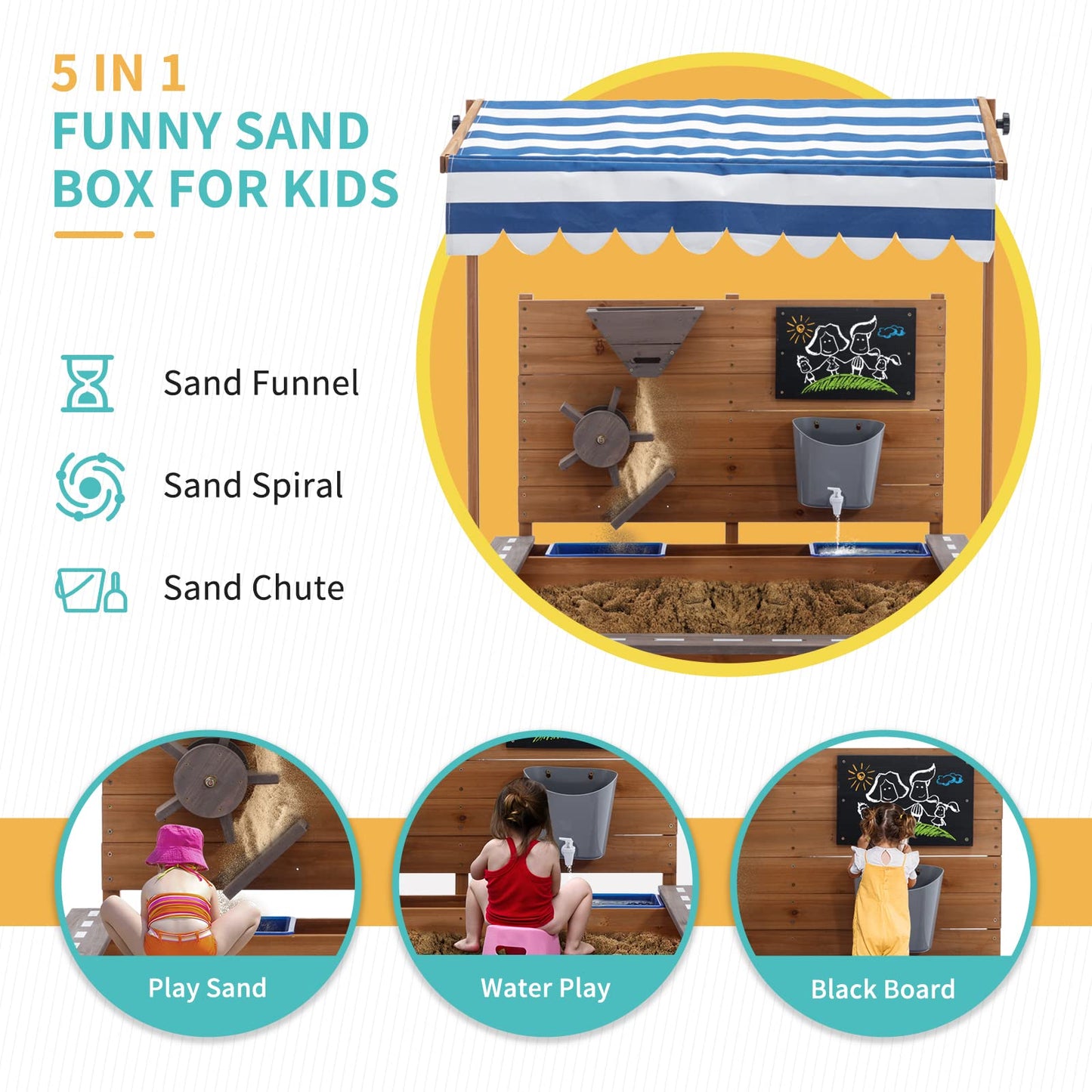 Kids Large Wooden SandBoxes with Roof, Pipleo Outdoor Sand Box Play w/Canopy for Backyard Garden Beach, Sand Pit for Beach Patio Outdoor, [Adjustable