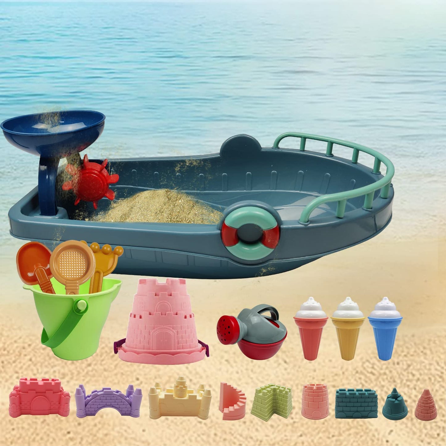 IOKUKI Long Shovels Sand Toys Set with Mesh Bag Including Bath Boat, Castle Building Kit Beach Buckets, Shovels, Rakes, Molds, Outdoor Beach Toys Tool