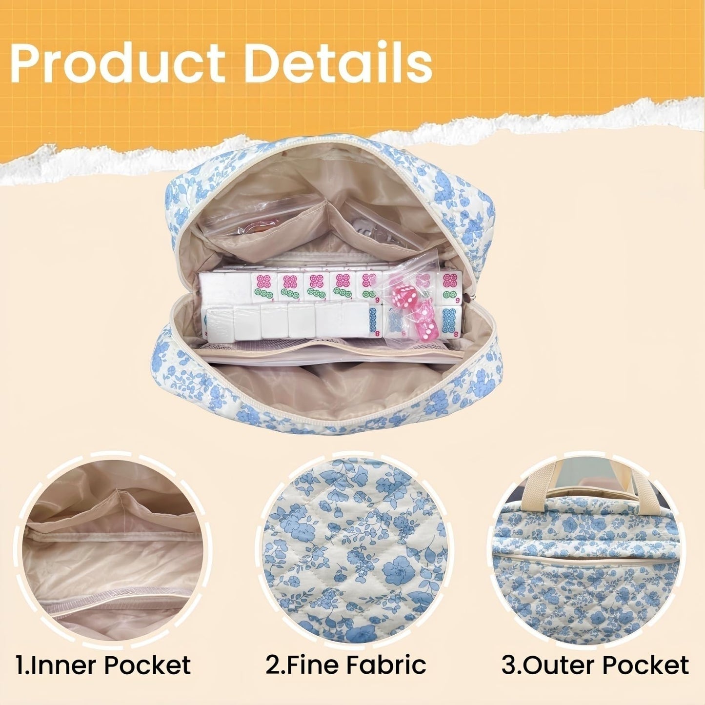 bestcool Mahjong Tile Set, American Mahjong Set with Floral Quilted Carrying Bag, 166 White Tiles, Includes Chips & Dice - Portable Travel Complete