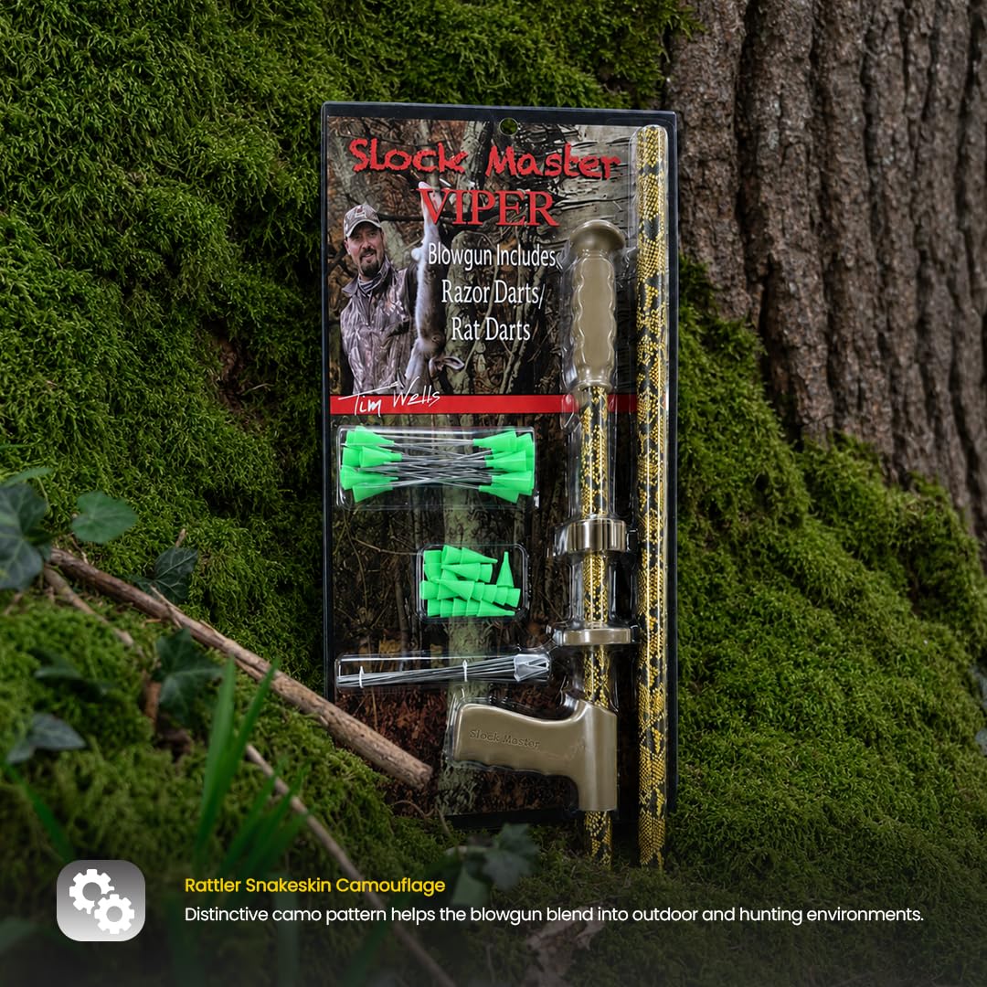 Slock Master Viper Blow Gun, 5 Ft .625 Big Bore Caliber Blowgun, Rattler Snakeskin Camo, Includes Pistol Grip, Quiver, Razor Hunting Darts
