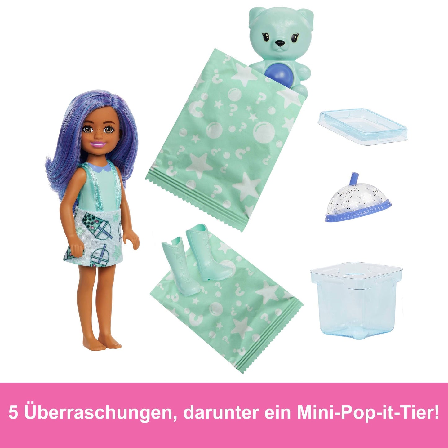 Barbie Chelsea Pop Reveal Bubble Tea Series Set with Themed Package & 5 Surprises Including Scented Small Doll & Pop-It Pet (Styles May Vary)