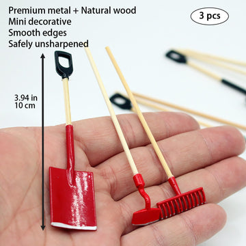 3Pcs Miniature Dollhouse Garden Tools, 1:12 Scale Mini Shovels and Rake Farm Tools, Fairy Garden Dollhouse Accessories Furniture Toy Sets (Red, 3.2
