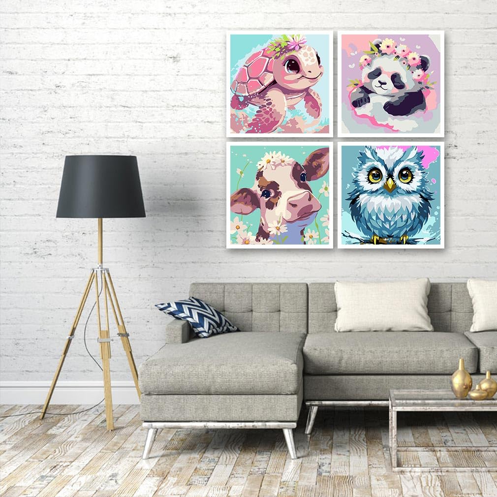 FQOVKYN 4 Pack Paint by Number for Kids, Cute Animals Paint by Numbers Kit for Adults Beginner, Easy Acrylic Watercolor Paint by Numbers Canvas Arts