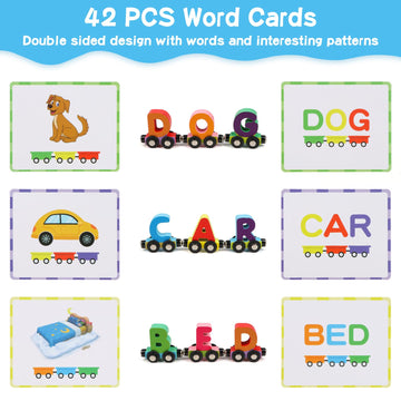 Wondertoys Wooden Alphabet Train Toy 27 PCS Magnetic Alphabet ABC Letter Train Set Includes 42 PCS Flash Cards, 1 Engine and 1 Storage Box