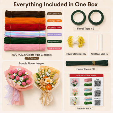 Anpyxun Pipe Cleaner Flower Kit for Adults, 600 PCS All-in-One Chenille Stems Flower Bouquet Making Kit with Video Tutorials, 6 Colors Forever Flower