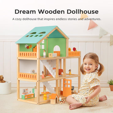 OOOK Large Wooden Dollhouse with 42 Pcs Luxurious Furniture Accessories, 3-Story Doll House 6 Rooms Balcony Wooden Stairs, Ideal Modern Doll House