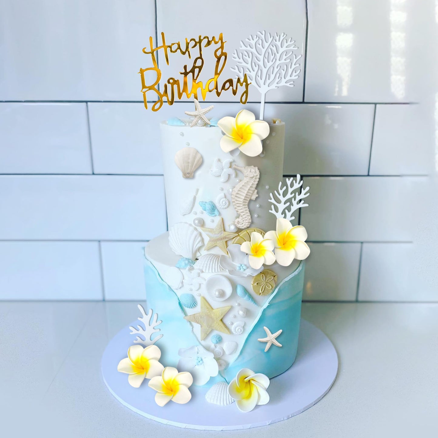 21 PCS Flower Cake Topper Hawaiian Beach Cake Decorations with Starfish Artificial Plumeria Flower for Hawaii Aloha Summer Theme Wedding Birthday