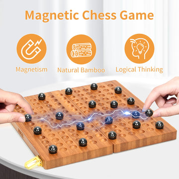 Wooden Magnetic Chess Game with 30 Piece Metal Balls, Magnet Game with Inner Storage Tray, Logical Strategy Game for Ages 6+