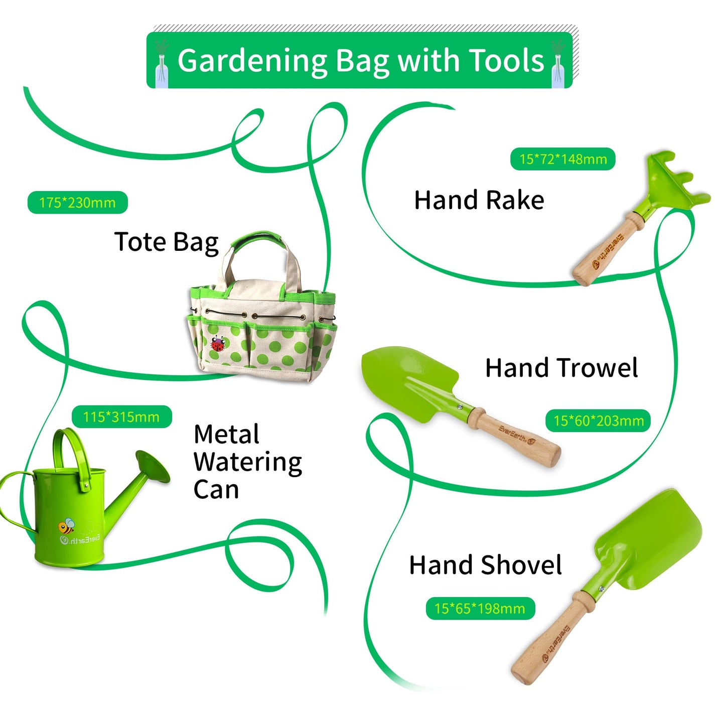 EverEarth Kids Metal Gardening Tools Set, Childrens Gardening Tool Kit with Canvas Tote Bag and Metal Watering Can, Metal Hand Rake, Trowel