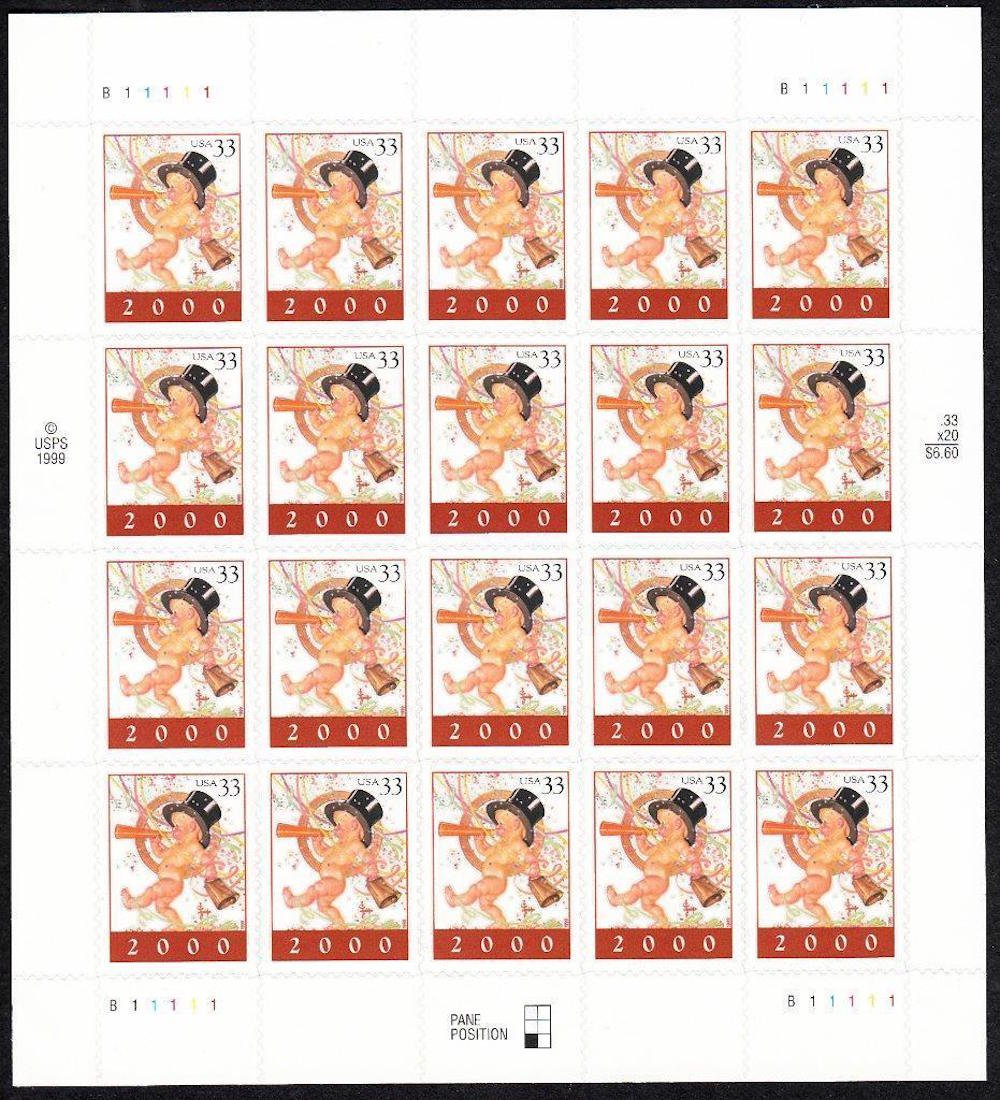 Happy New Year Baby, Full Pane of 20 x 33-Cent Postage Stamps, USA 2000, Scott 3369