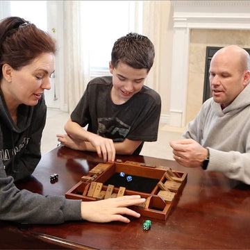 WE Games Shut the Box Board Game - Classic 4 Player Wooden Table Top Dice Game for Family Game Night, Walnut Stained Wood, 14 in., 10 Numbers